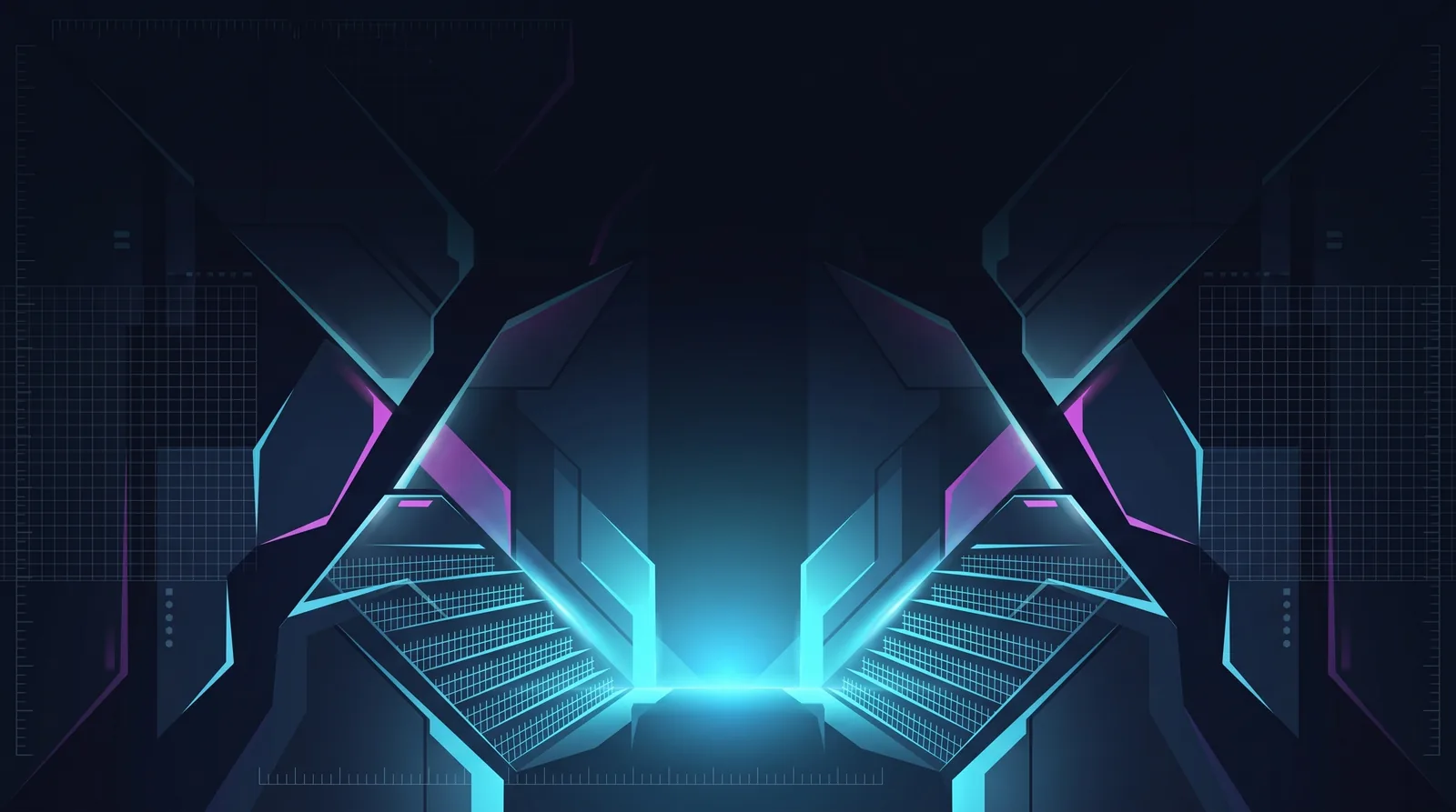 Ilustración abstracta de gradas geométricas convergiendo hacia un foco central, estilo Tactical HUD de CR/Zone